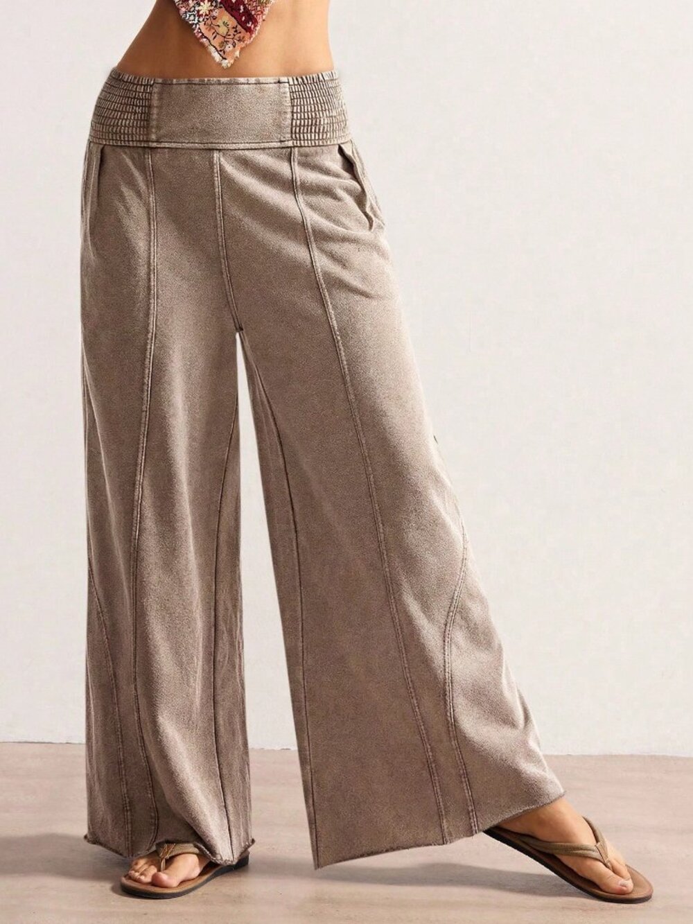 Rust Brown Casual Women's Knit Loose Wide-Leg Washed Pants - Picture 3 of 7